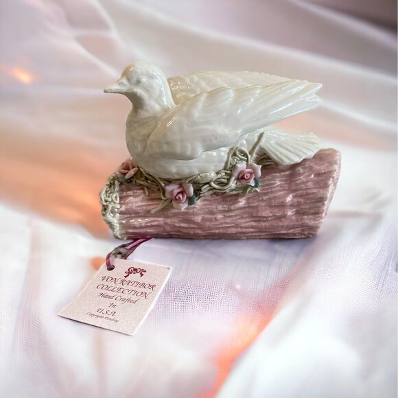 1997 Von Rattibor Handcrafted Porcelain Dove Pink Log Floral Accents Signed - Picture 1 of 8